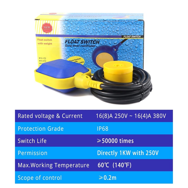 Mamfous Float Switch, 220V 16A Waterproof Tethered Float Switch & Liquid Level Controller with Cable for Water Tank, Sump Pump, Septic Tank, Pool, Pond, Aquarium(9.84ft(3M)) - Image 3